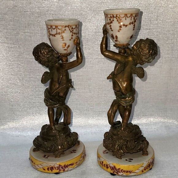 Pair Of Vintage Beautiful Bronze Signed Asian Cherub Sculptures - Picture 8 of 15